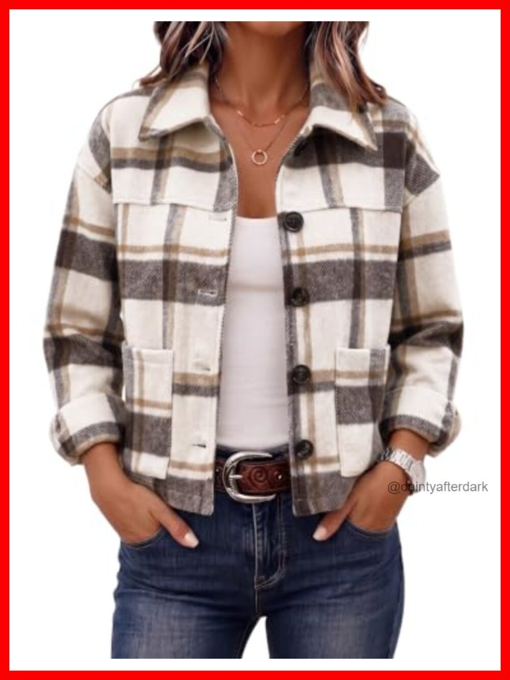 Flannel Cropped Plaid Shacket Button Down Long Sleeve Casual Jacket